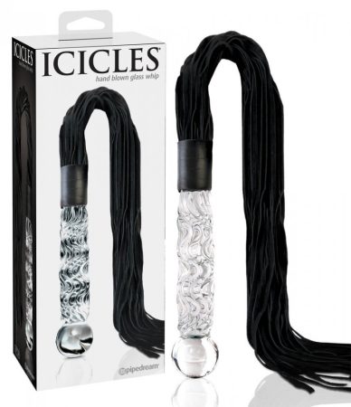 Icicles No. 38 - bőr korbácsos üveg dildó áttetsző-fekete