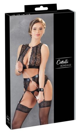 Cottelli Bondage - fényes csíkos, csipkés fehérnemű szett 4 részes