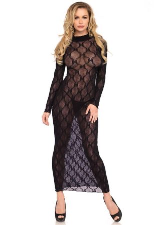 Leg Avenue Long sleeved long dress, black, O/S - Szexi ruha (fekete)